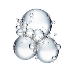 Air oxygen cell bubbles for cosmetics product on white background. Cellular serum oil drops in water