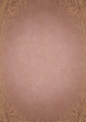 Pale pink textured paper with vignette of golden hand-drawn pattern and golden glittery splatter on a darker background color. Copy space. Digital artwork, A4. (pattern: p09d)