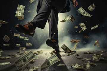 Businessman stepping on money. Financial increase goal, wealth management and investment plan to achieve target. Generative AI - obrazy, fototapety, plakaty