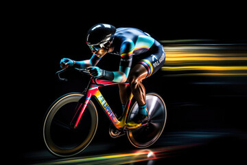 Cyclist athlete riding a race at high speed, colorful volumetric lighting. AI generated