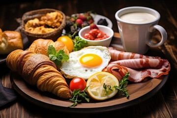 Fototapeta na wymiar English breakfast on the white plate, eggs with liquid yolk, sausages, fork and knife, croissants, coffee with milk. Generative AI