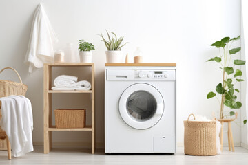 Interior of home laundry room with modern washing machine. Generative AI - obrazy, fototapety, plakaty