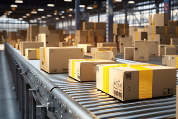 Conveyor belt with parcels in a distribution center. Cardboard parcels on production line. Distribution center with boxes. AI generated - obrazy, fototapety, plakaty