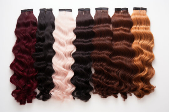 Multicolor human hair extension bundles collection. AI generated
