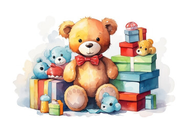 Watercolor illustration on a children's theme, cute baby toys, pastel colors