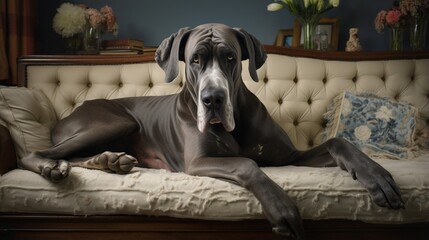 a noble Great Dane comfortably sprawled across a plush couch, its majestic presence filling the...