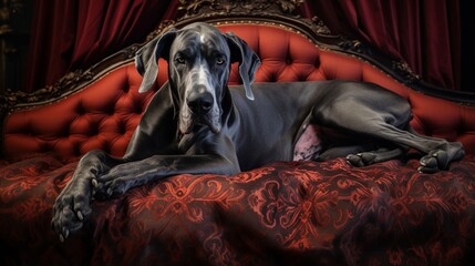 a noble Great Dane comfortably sprawled across a plush couch, its majestic presence filling the frame - obrazy, fototapety, plakaty