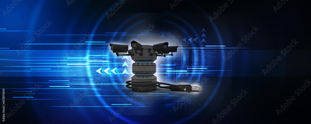 Poster 3d rendering surveillance cctv security camera connected database with usb cable