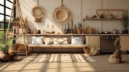Home mockup, nomadic boho kitchen interior with rustic decor, 3d render