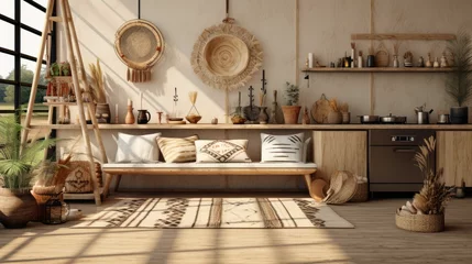 Poster Boho Home mockup, nomadic boho kitchen interior with rustic decor, 3d render