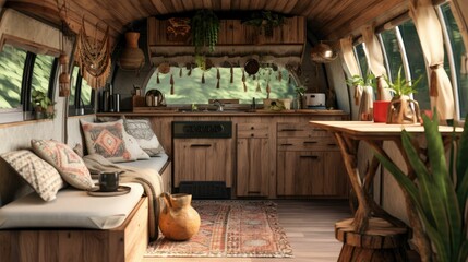 Home mockup, nomadic boho kitchen interior with rustic decor, 3d render