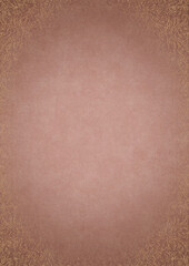 Pale pink textured paper with vignette of golden hand-drawn pattern and golden glittery splatter on a darker background color. Copy space. Digital artwork, A4. (pattern: p11-1e)
