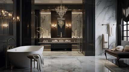A luxurious master bathroom with marble and glass accents