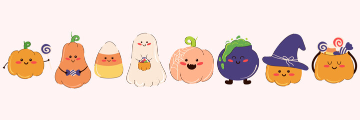 Happy Halloween childish set with cute pumpkin, ghost, cauldron. Cartoon stickers in kawaii style
