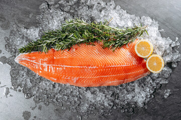 Neatly cut lengthwise raw red salmon steak on a bed of ice with sprigs of aromatic rosemary and two...