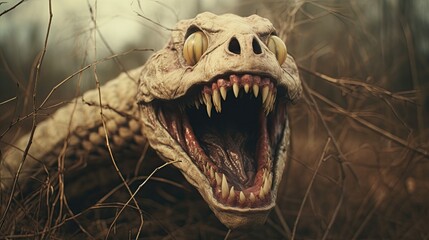 A horrible monster with a terrible grin. Fictional creature for horror themes. Close up shot. Scary horror atmosphere.