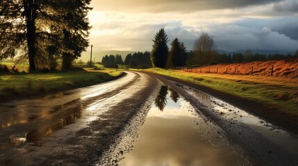 a rain-washed country road, where puddles reflect the passing clouds, and the scent of petrichor fills the air