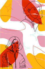 Women with abstract trendy background. Vivid, trendy, retro style . Funky, abstract and vintage graphics.