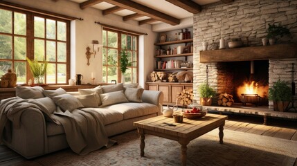 Living room loft in industrial style, a room Stylish Modern with sofa, wood tables, and a concrete wa