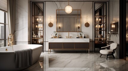 Naklejka na ściany i meble A luxury bathroom with a marble-topped vanity and pendant lights