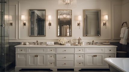A luxury bathroom with a marble-topped double vanity and crystal sconces