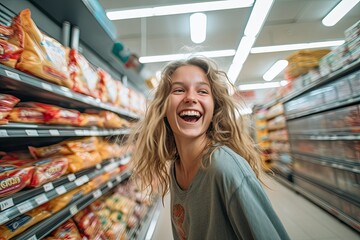 Smiling happy woman enjoying shopping at the supermarket,, lifestyle and retail concept