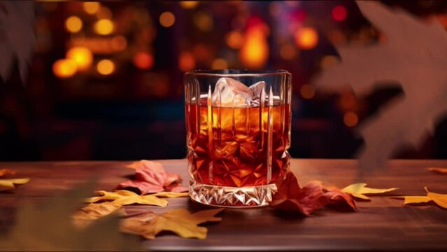 glass of old fashioned cocktail on table with fall autumn leaves