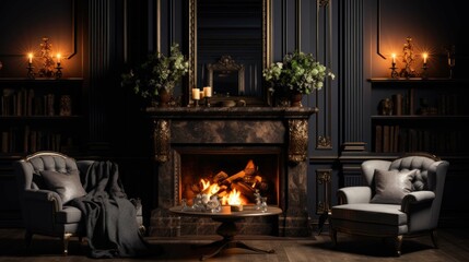 Up close view of modern black fireplace and black sofa - obrazy, fototapety, plakaty