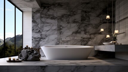 A marble bathroom with a freestanding modern bathtub
