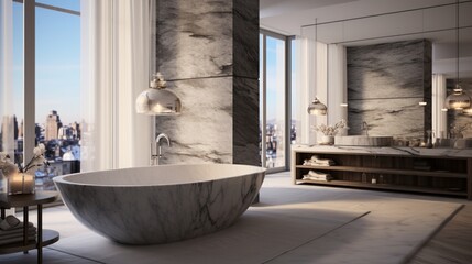 A marble bathroom with a freestanding modern bathtub