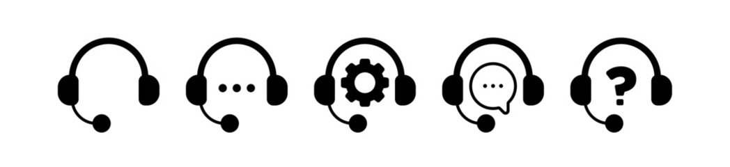Customer support service icons set. Online support service with headphones and microphone. Call center icon. Chat speech bubble.  Vector illustration - obrazy, fototapety, plakaty