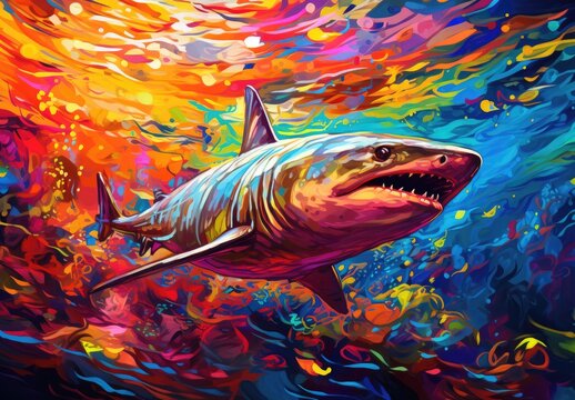 A pop art painting of a shark swimming in the water column. A large predatory fish swimming in the ocean. Underwater scene. Illustration for cover, card, postcard, interior design or print.