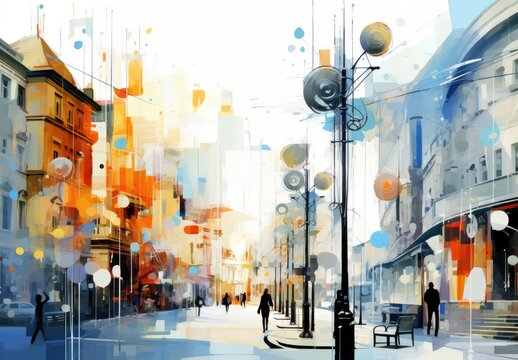 View of a pedestrian street with silhouettes of people walking between houses. Digital art in watercolor or acrylic style. Illustration for printing, banner, poster, card, cover, house decoration.