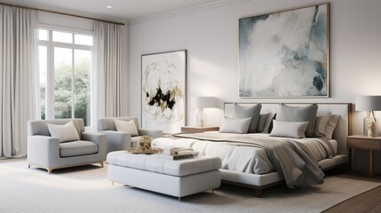 A master suite with a cozy seating area and statement artwork