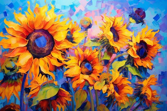 A vivid painting of multiple sunflowers on a vibrant blue wall. Generative AI