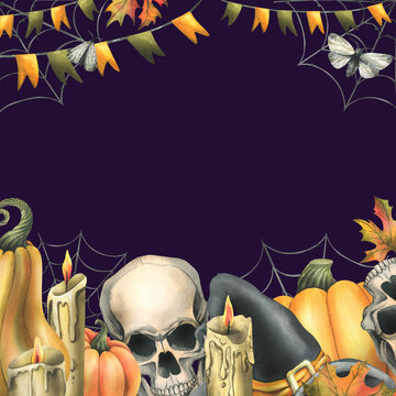 Human skulls with black witch hat, orange pumpkins, cobwebs, candles and autumn maple leaves. Hand drawn watercolor illustration for Halloween. Frame, template on a dark purple background