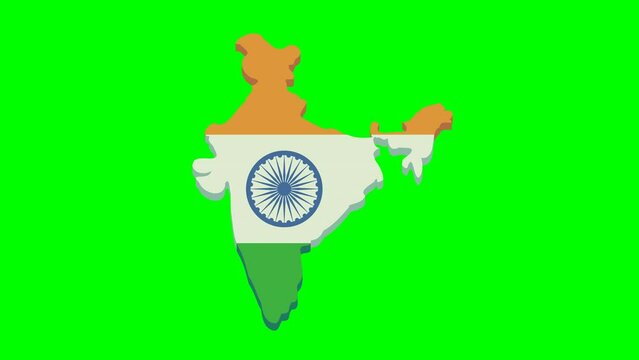 Animation of appearance and disappearance of the 3D map of India in the colors of the Indian flag on a blue background, green background, transparency and white background in a flat design style	
