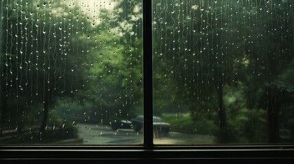 rain-kissed windowpanes, where raindrops race each other on their descent, distorting the outside world