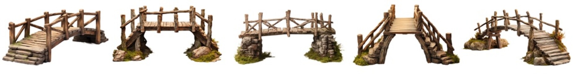 Collection of wooden park footbridge pathway isolated on a transparent background. PNG, cutout, or...