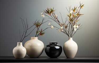 3 grey vase in a white vase with plant in black background