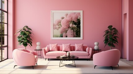 Pink sofa and armchair and pink wall, interior living room