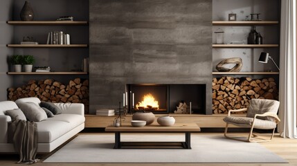 Sofa and pouf with fireplace, interior room