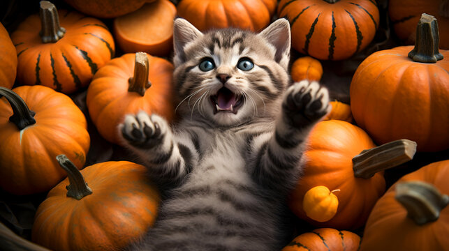 Funny gray kitten lies on its back with its paws raised up among small pumpkins