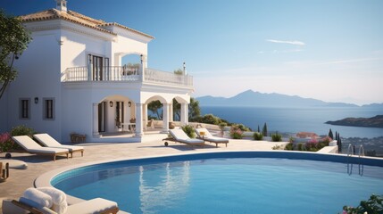 Traditional Mediterranean white house with pool, travel at sea resort