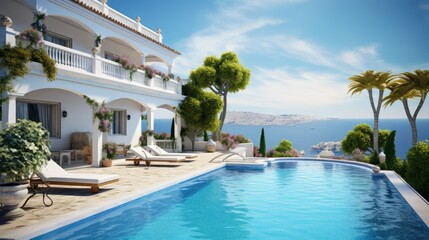 Traditional Mediterranean white house with pool, travel at sea resort