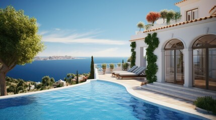 Traditional Mediterranean white house with pool, travel at sea resort