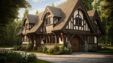 Tudor style family house, exterior of house with gable roof - obrazy, fototapety, plakaty