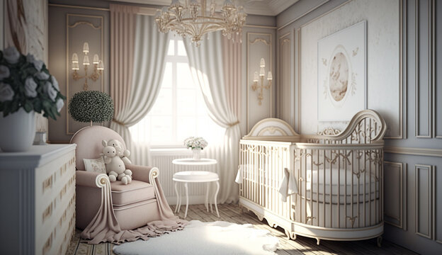 Modern shabby chic baby nursery interior design AI Generated image