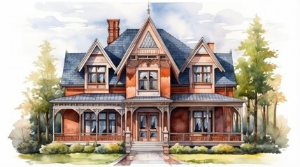 Fototapeta na wymiar Victorian style brick family house, exterior of home watercolor painting