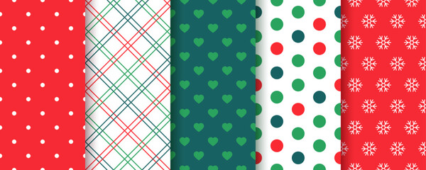Christmas seamless backgrounds. Xmas New year pattern. Prints with polka dots, snowflakes, heats and plaid. Set of festive textures. Red green wrapping paper. Holiday backdrops. Vector illustration